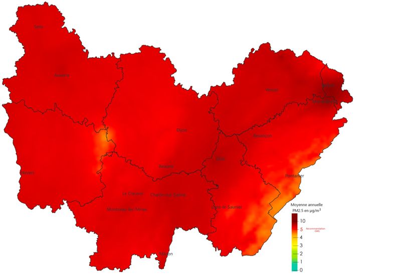 Répartition de la moyenne annuelle en PM2,5 en 2024 (échelle avec seuil OMS 2021)