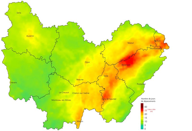 Nombre de jours de dépassement de la valeur cible pour la santé humaine en ozone en 2024 (moyenne sur 3 ans, seuil UE)